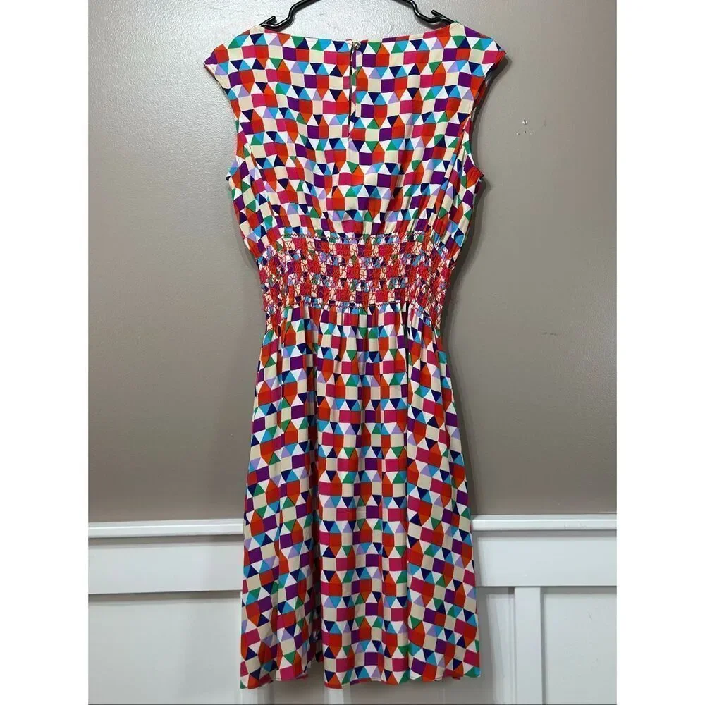 NWOT Kate Spade 100% Silk Abbey Sheath Geometric Fit & Flare Smocked Waist Dress